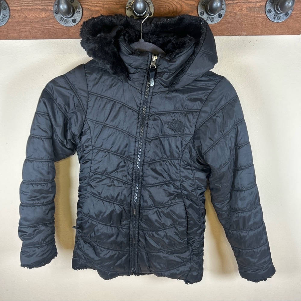 The North Face Girls Quilted Puffer Jacket Black 7/8 Hooded Lined Full Zip